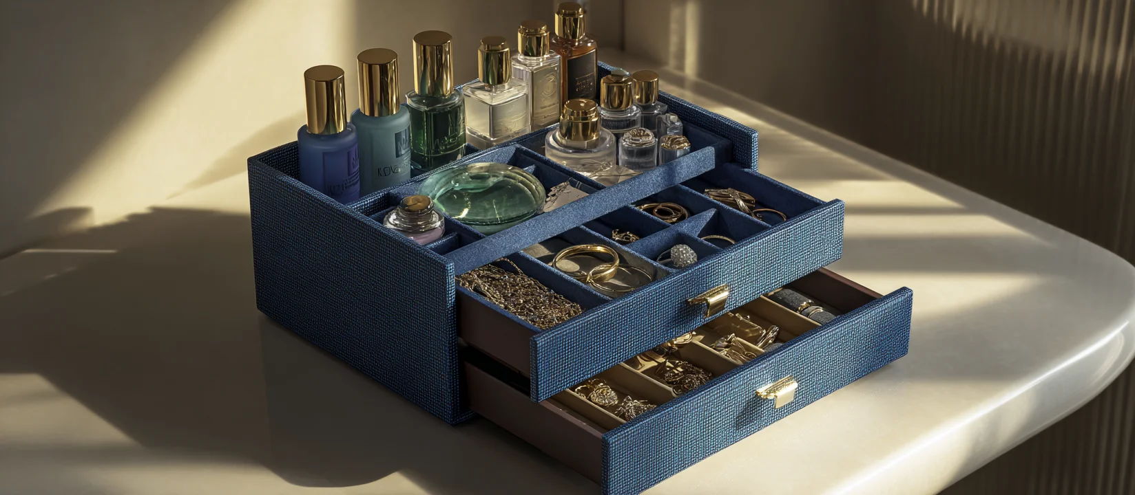 A tiered, clear custom jewelry box with logo wholesale option features multiple layers and a logo.